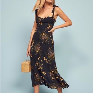 Reformation navy dress with yellow flowers midi